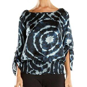 MICHAEL MICHAEL KORS Navy Blue Tie Dye Satin 3/4 Sleeve Roll Tab Blouse PETITE S